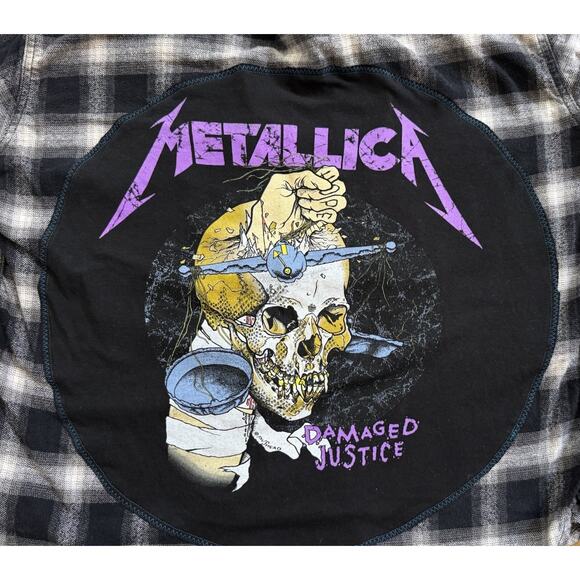 METALLICA Damaged Justice 90s Upcycled Retro Vintage Plaid Flannel Shirt Men’s L - Picture 7 of 9